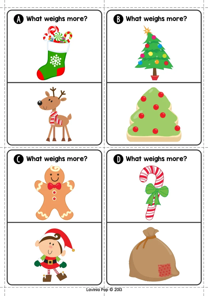 Christmas Math Centers for Kindergarten weight comparison cards with Christmas stocking, reindeer, Christmas tree, cookie tree, gingerbread, elf, candy cane, and sack images