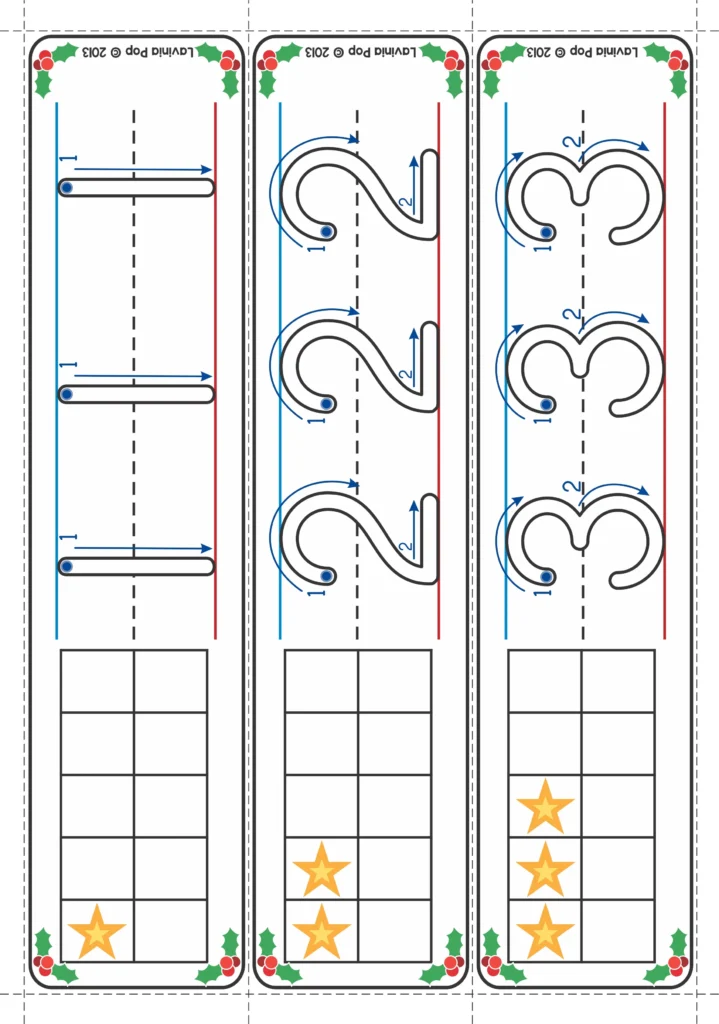 Christmas Math Centers for Kindergarten number tracing cards with stroke arrows and matching ten frame representations