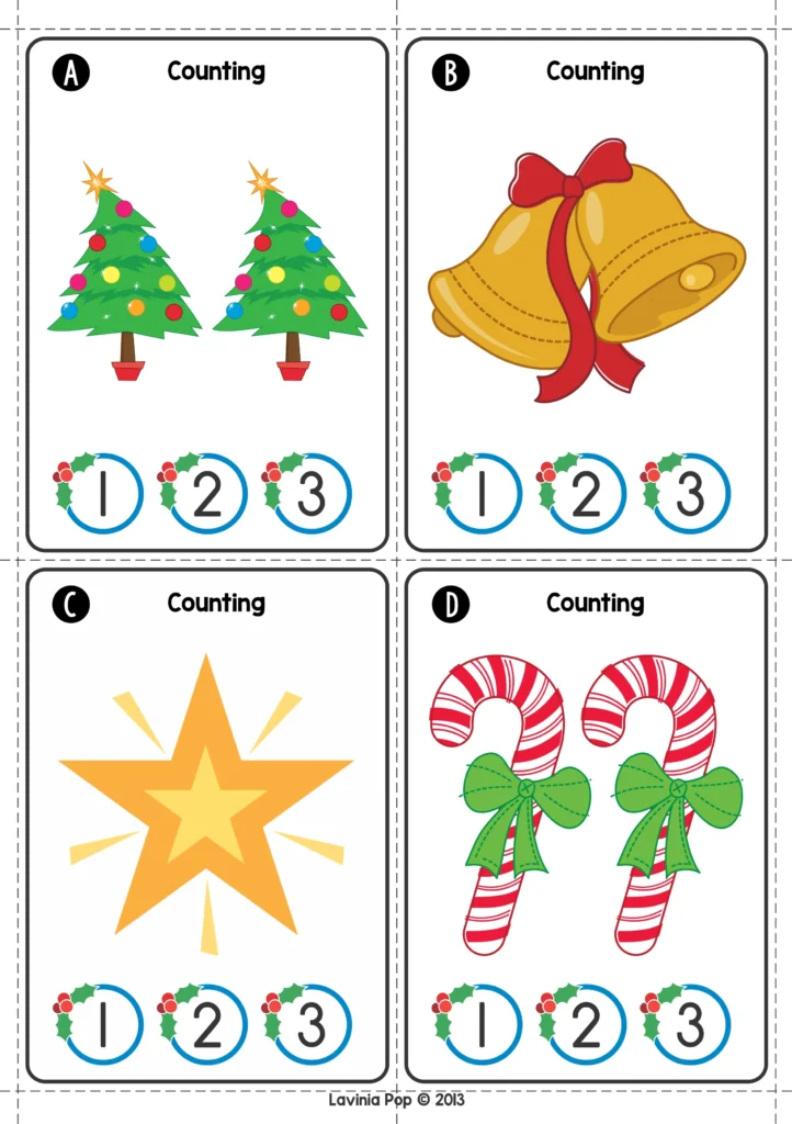 Christmas Math Centers for Kindergarten counting cards with Christmas trees, bells, stars, and candy canes labeled 1 to 3