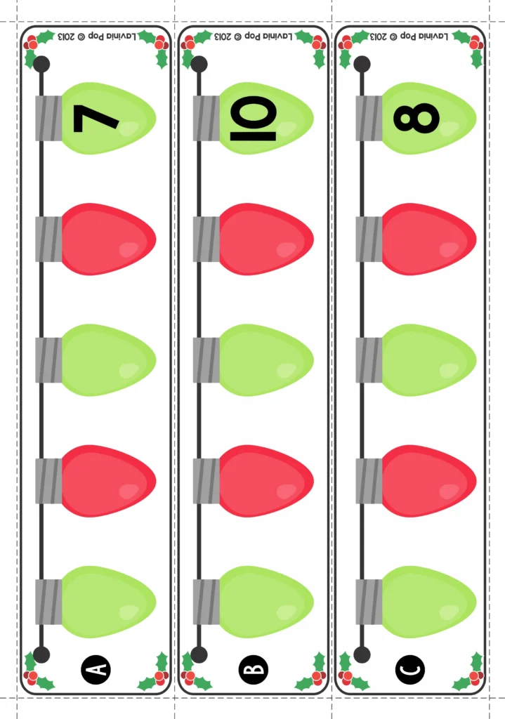 Christmas Math Centers for Kindergarten counting backwards activity with Christmas light cards labeled 7, 10, and 8