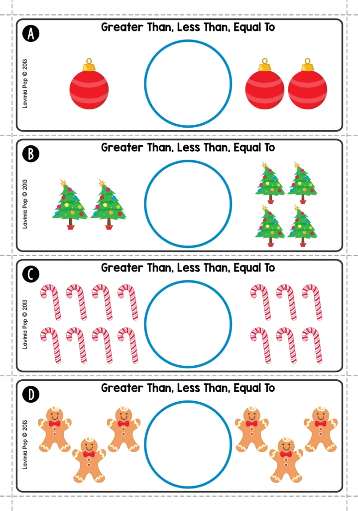 Christmas Math Centers for Kindergarten comparing quantities activity with ornaments, trees, candy canes, and gingerbread cards