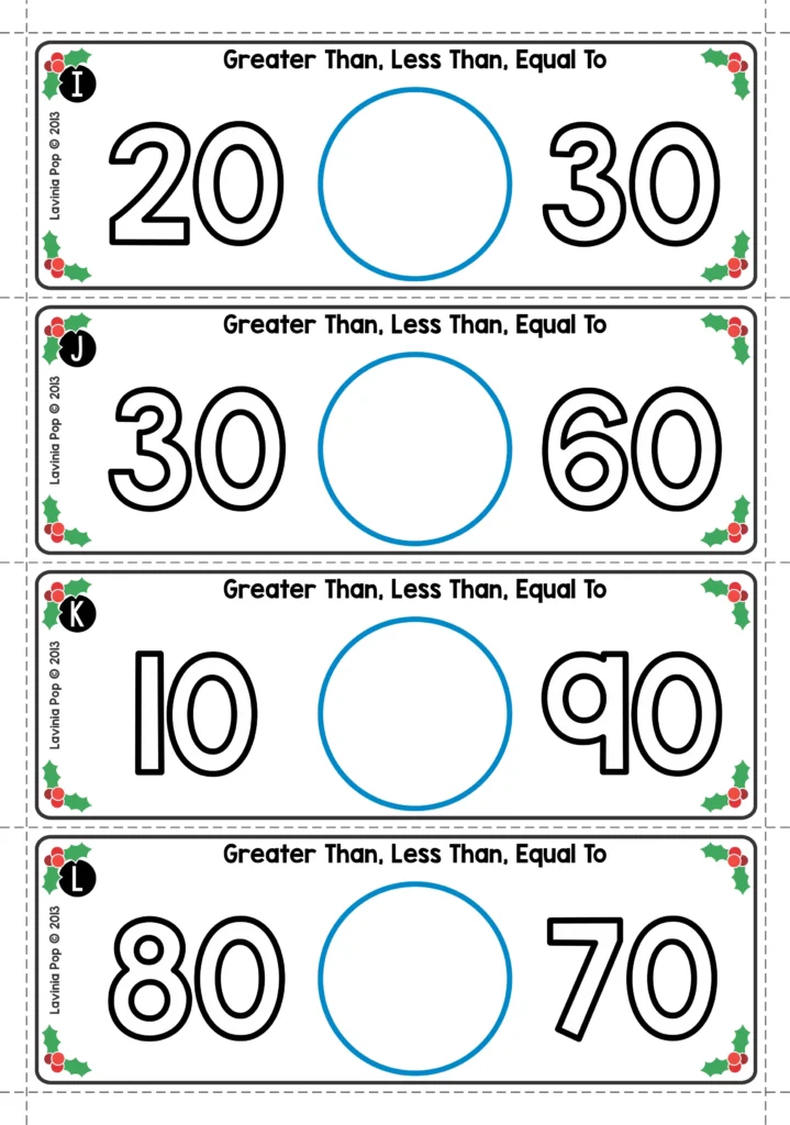 Christmas Math Centers for Kindergarten comparing numbers activity with numeral cards such as 20 and 30, 30 and 60, 10 and 90, 80 and 70