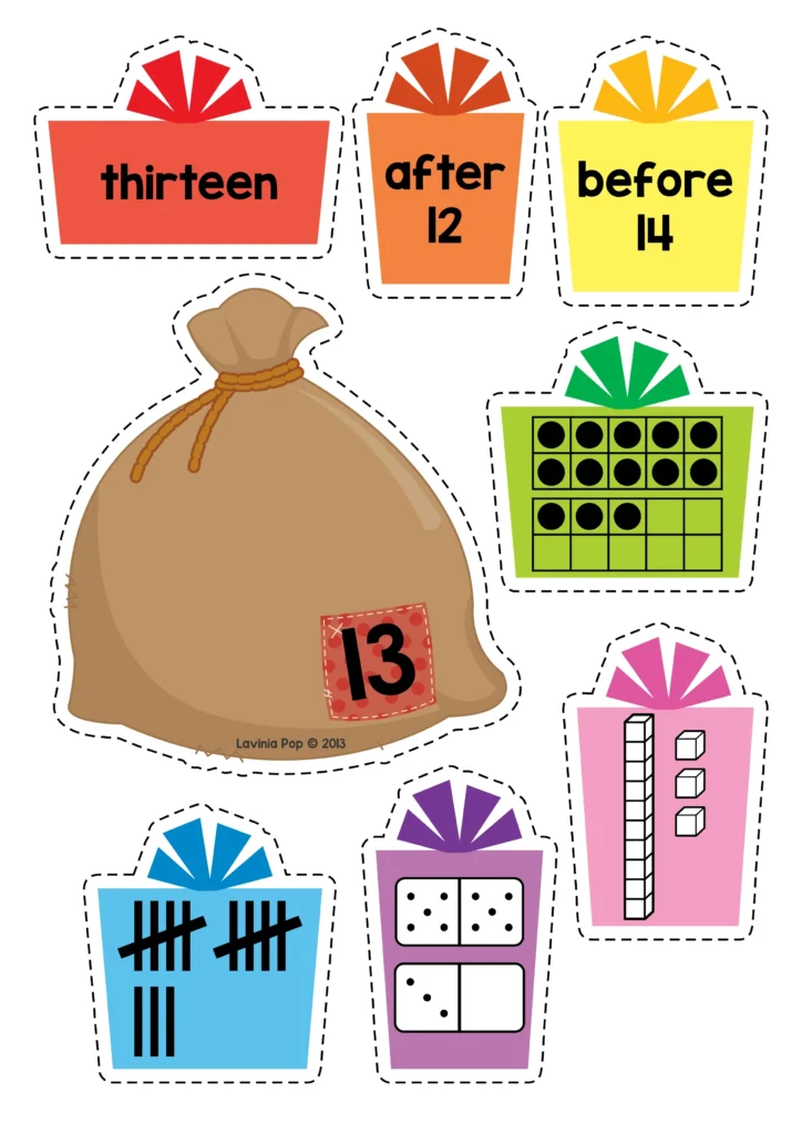 Christmas Math Centers for Kindergarten number match cards with number words, before and after numbers, ten frames, dominoes, tallies, and base ten blocks