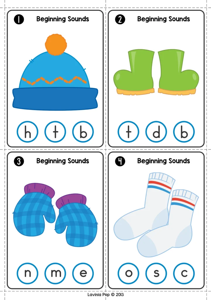 Winter Literacy Centers for Kindergarten beginning sounds cards with winter themed pictures