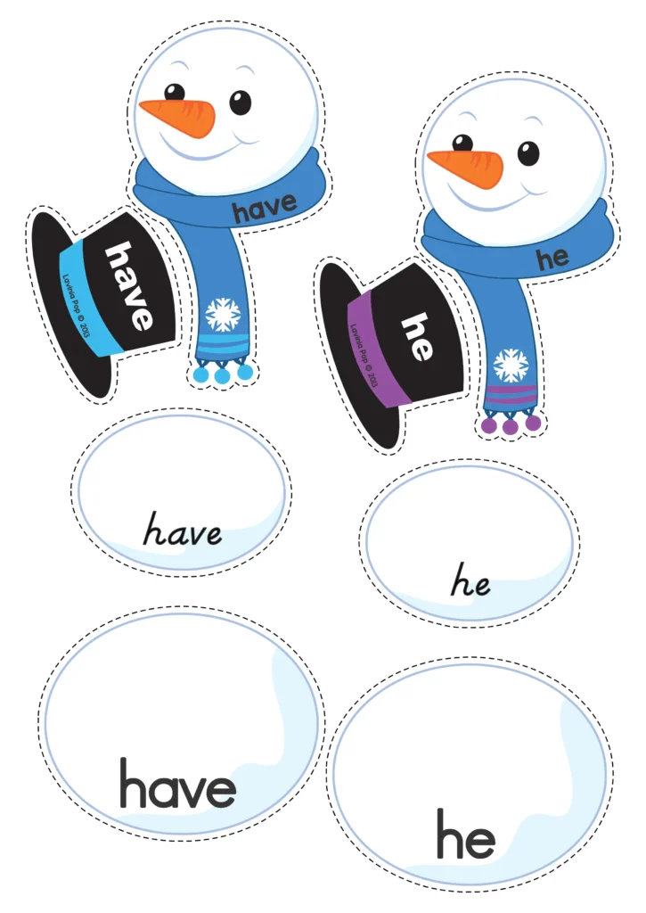 Winter Literacy Centers for Kindergarten sight word snowman matching activity