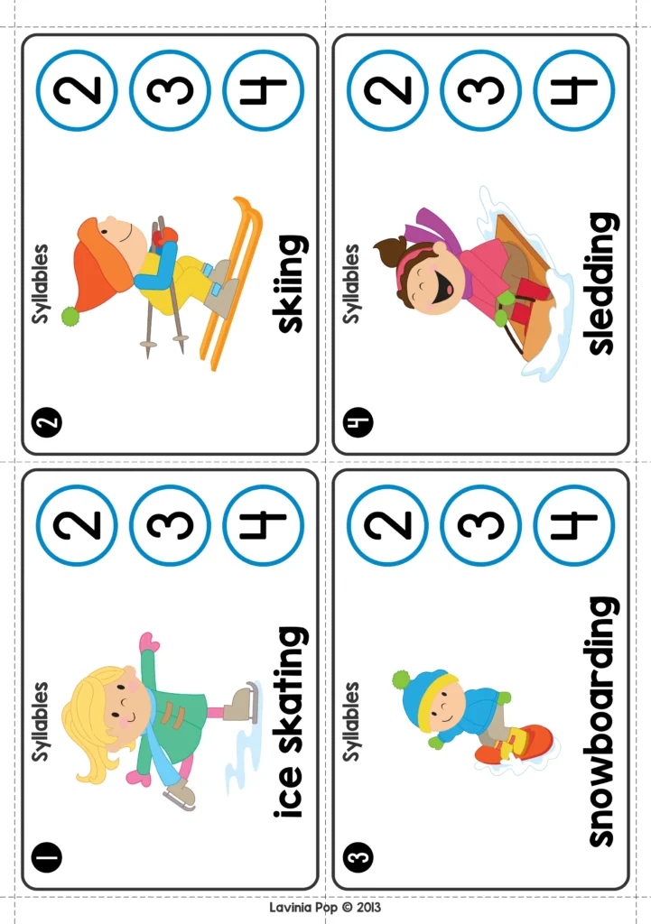 Winter Literacy Centers for Kindergarten syllable counting cards with winter action words