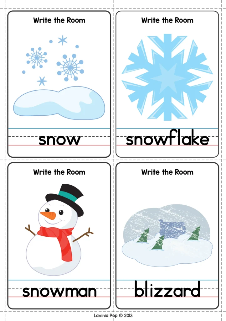 Winter Literacy Centers for Kindergarten write the room winter vocabulary cards with seasonal words