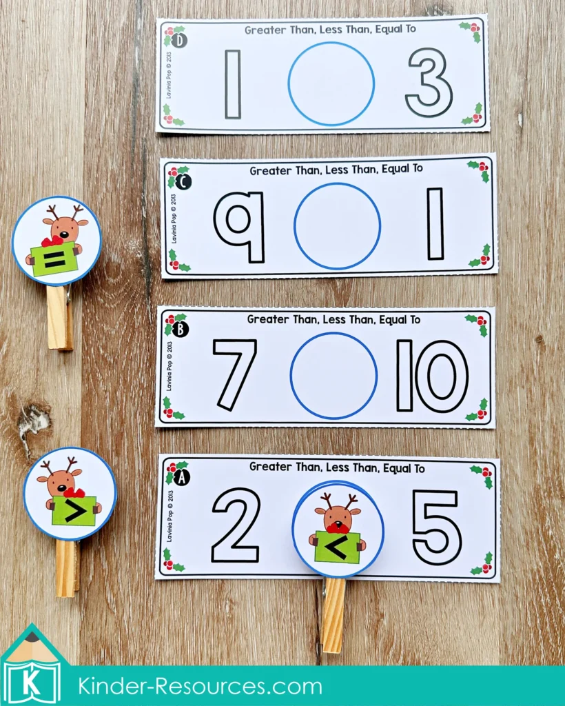 Christmas Math Centers for Kindergarten comparing numbers with reindeer symbol clips and recording page for greater than less than equal to practice
