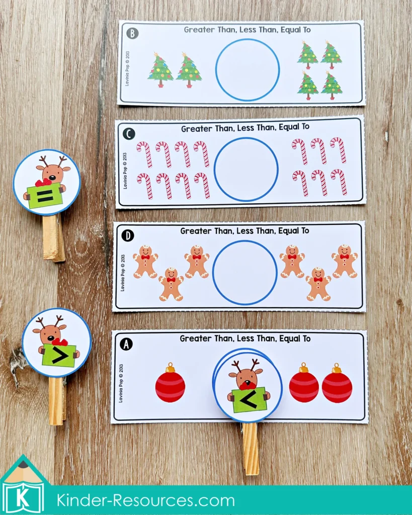 Christmas Math Centers for Kindergarten comparing quantities using Christmas picture cards and reindeer symbols
