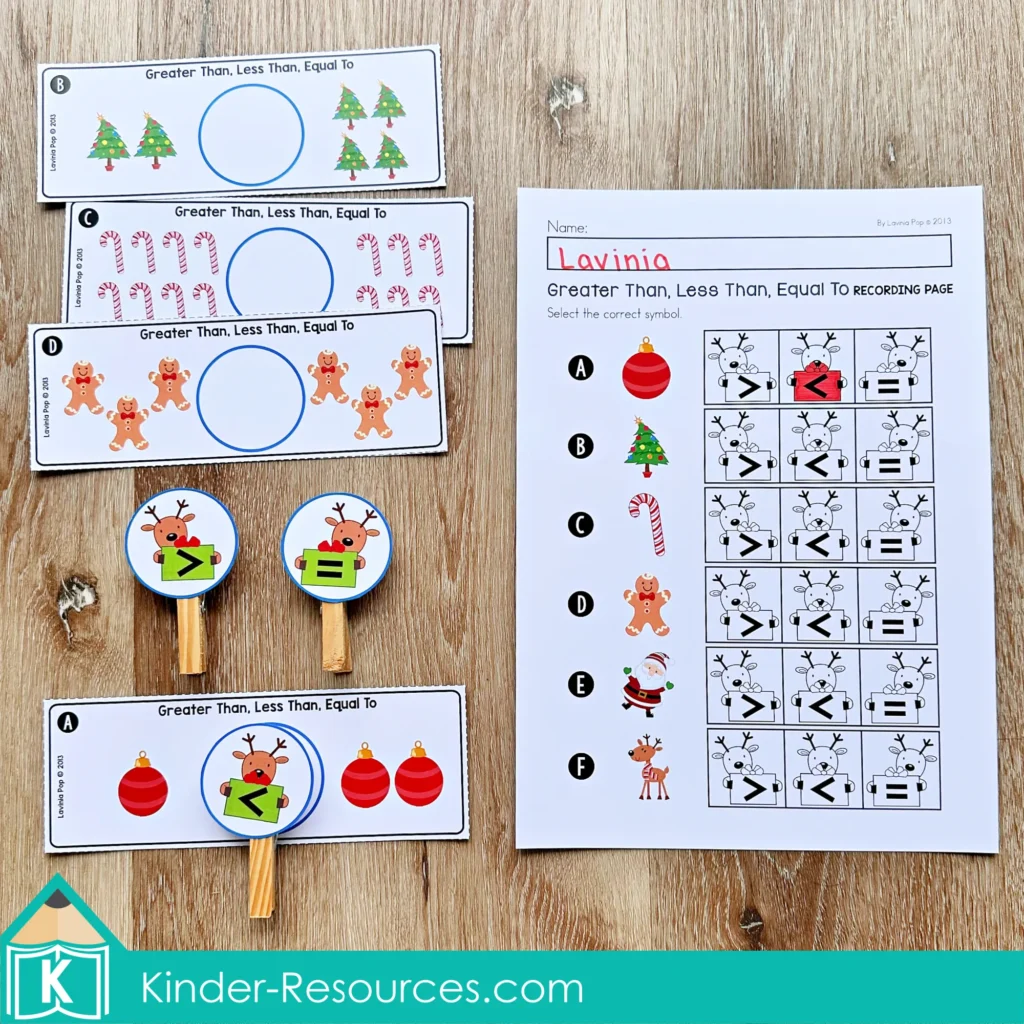 Christmas Math Centers for Kindergarten comparing quantities using Christmas picture cards and reindeer symbols with matching recording worksheet