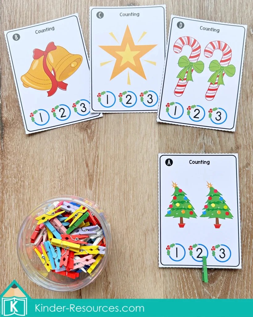 Christmas Math Centers for Kindergarten count and clip cards with Christmas objects for number recognition practice
