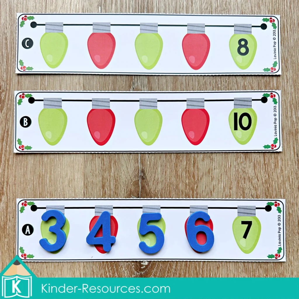 Christmas Math Centers for Kindergarten counting backwards with Christmas light number sequences