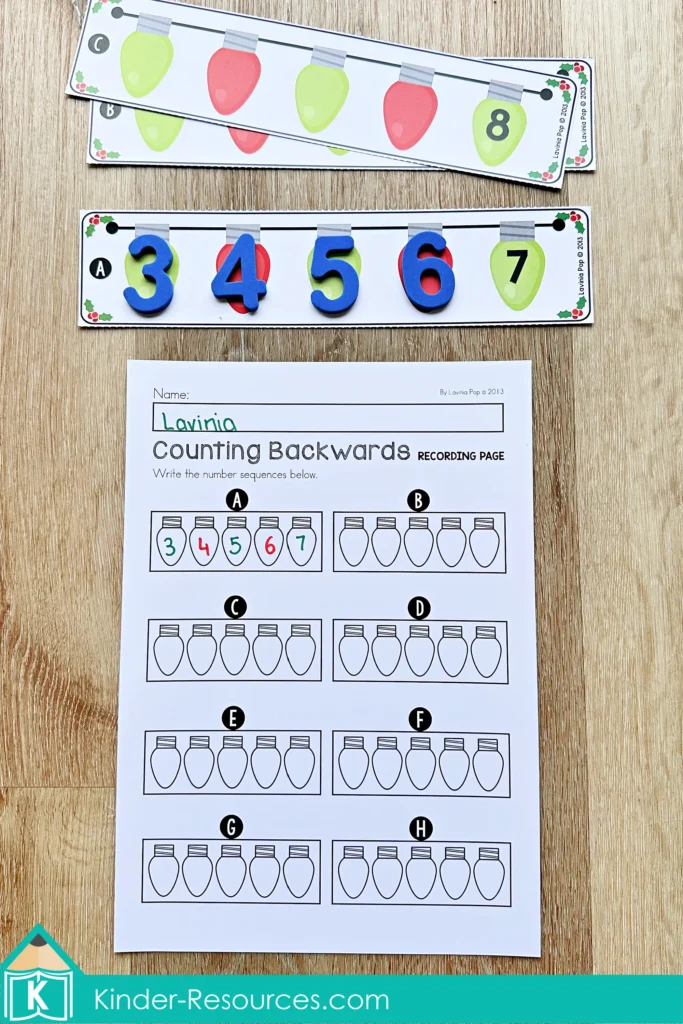 Christmas Math Centers for Kindergarten counting backwards with Christmas light number sequences and matching recording worksheet