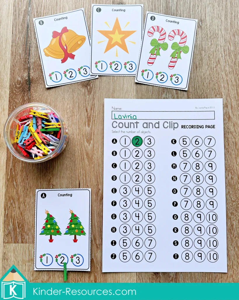 Christmas Math Centers for Kindergarten count and clip cards with Christmas objects and recording sheet for number recognition practice