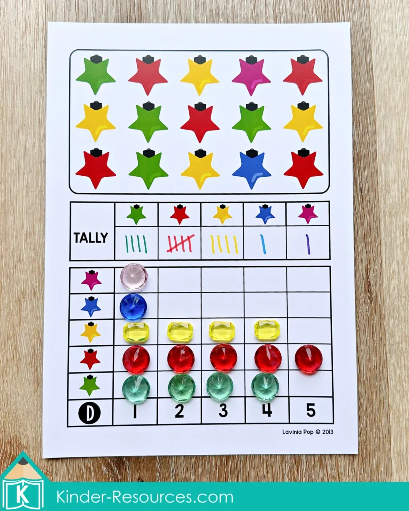 Christmas Math Centers for Kindergarten tally and graph activity with Christmas picture cards and colored counters for data representation practice