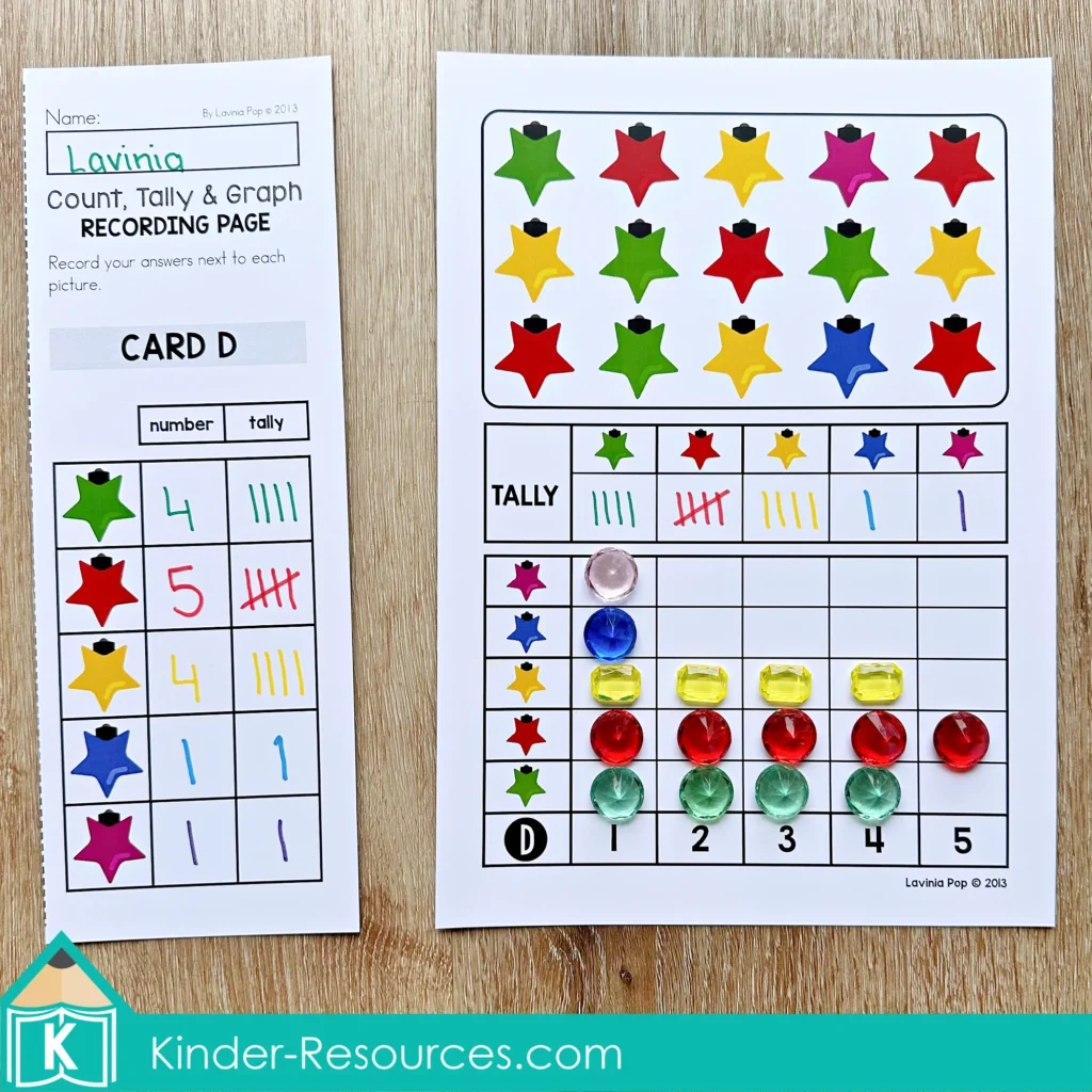 Christmas Math Centers for Kindergarten tally and graph activity with Christmas picture cards and colored counters for data representation practice