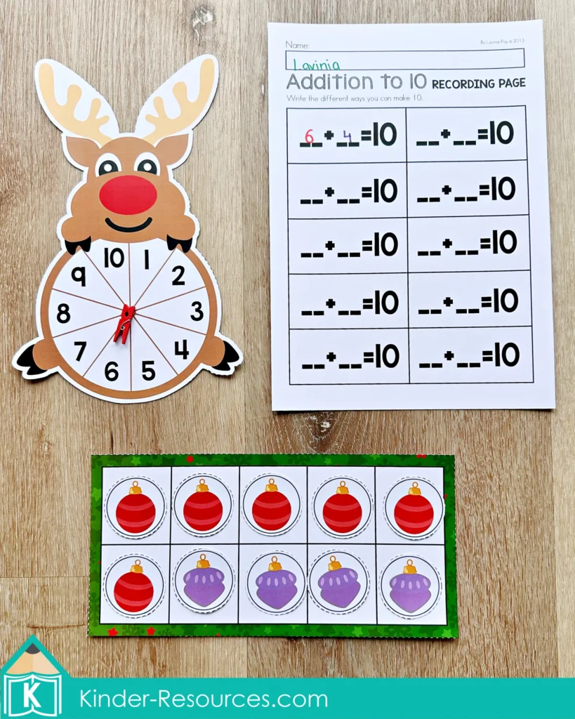 Christmas Math Centers for Kindergarten making ten with reindeer spinner and ornament ten frame mat for early addition practice