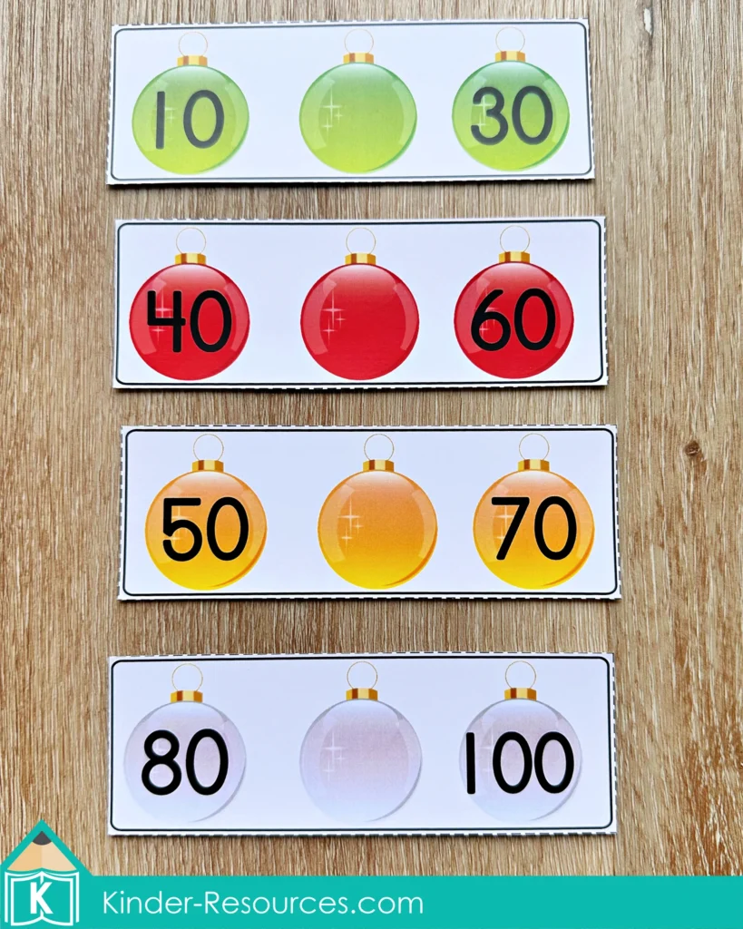 Christmas Math Centers for Kindergarten missing numbers activity with ornament skip counting cards for number sequences