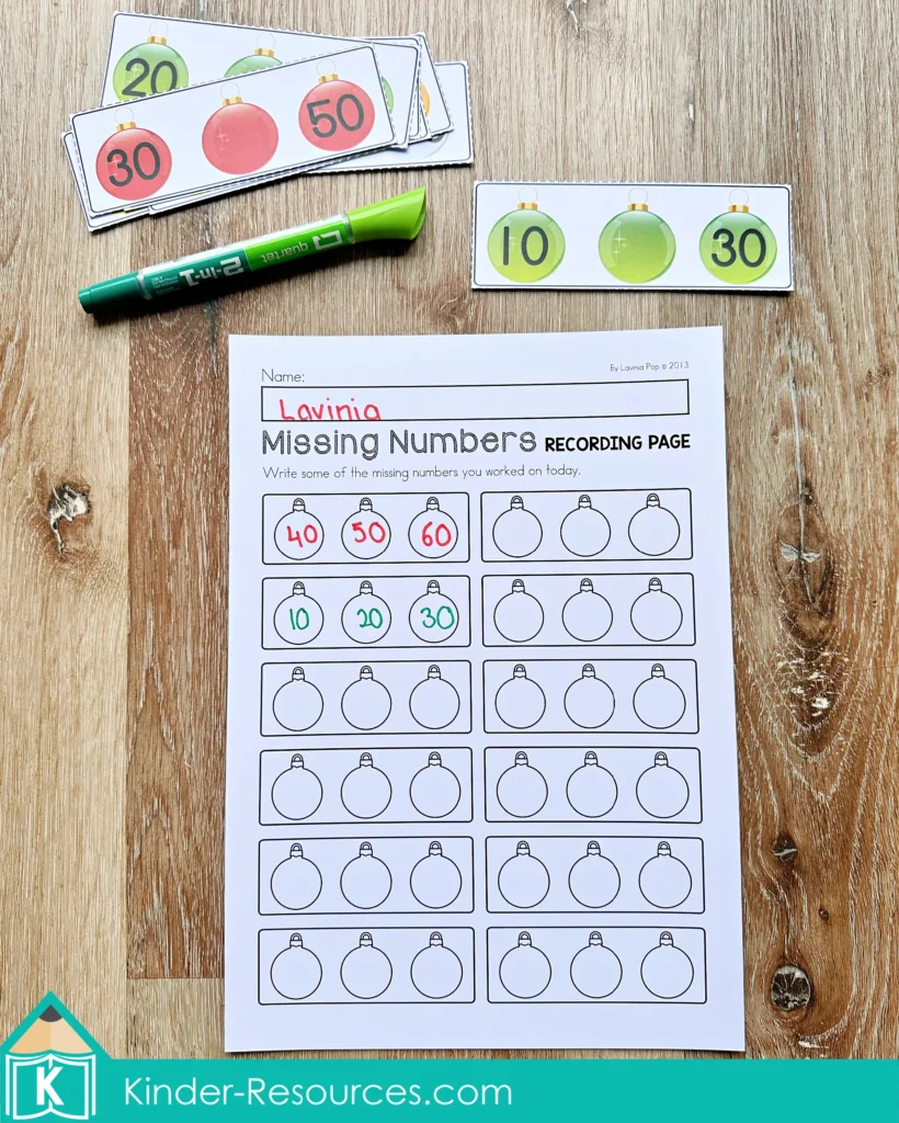 Christmas Math Centers for Kindergarten missing numbers activity with ornament skip counting cards and recording worksheet for number sequences