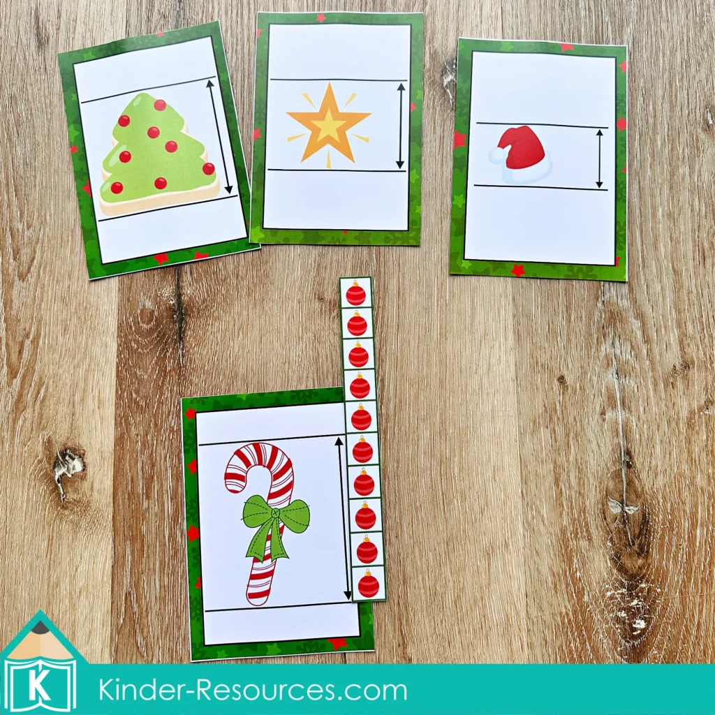 Christmas Math Centers for Kindergarten non standard measurement activity using ornament measuring strip and Christmas picture cards