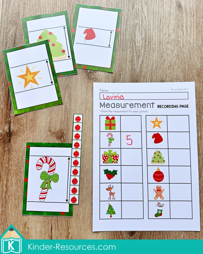 Christmas Math Centers for Kindergarten non standard measurement activity using ornament measuring strip and Christmas picture cards with recording page
