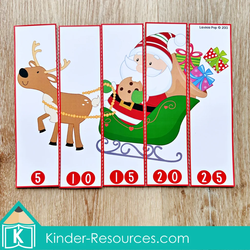 Christmas Math Centers for Kindergarten skip counting puzzle with number strips for counting by fives