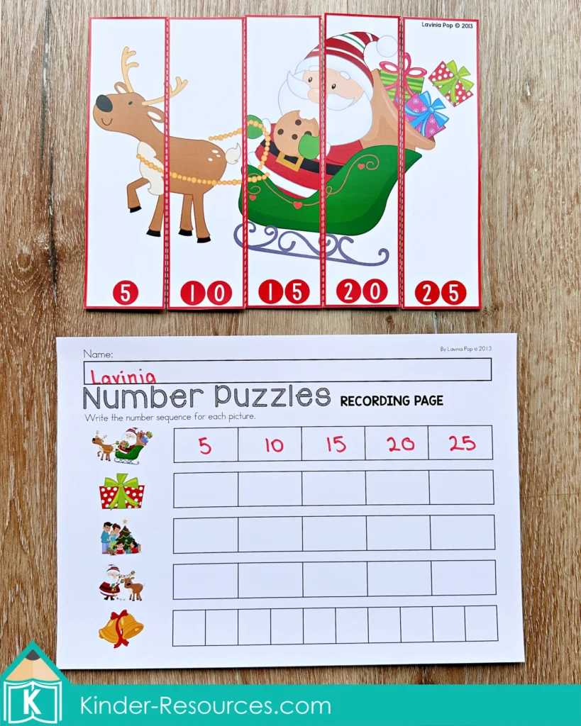 Christmas Math Centers for Kindergarten skip counting puzzle with number strips and recording page for counting by fives