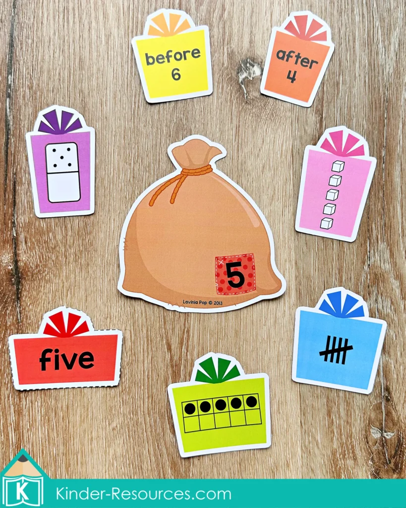 Christmas Math Centers for Kindergarten number match activity with number words, tally marks, ten frames, dominoes, and base ten blocks for number sense practice