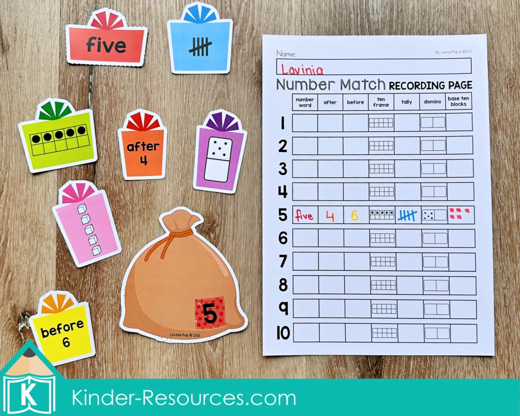 Christmas Math Centers for Kindergarten number match activity with number words, tally marks, ten frames, dominoes, and base ten blocks for number sense practice