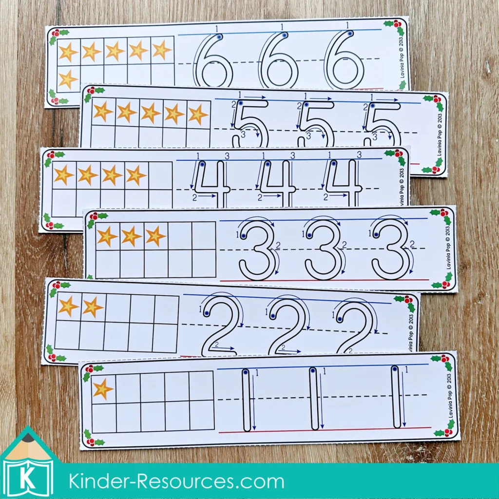 Christmas Math Centers for Kindergarten number tracing cards with ten frames and formation practice for building handwriting and number sense skills