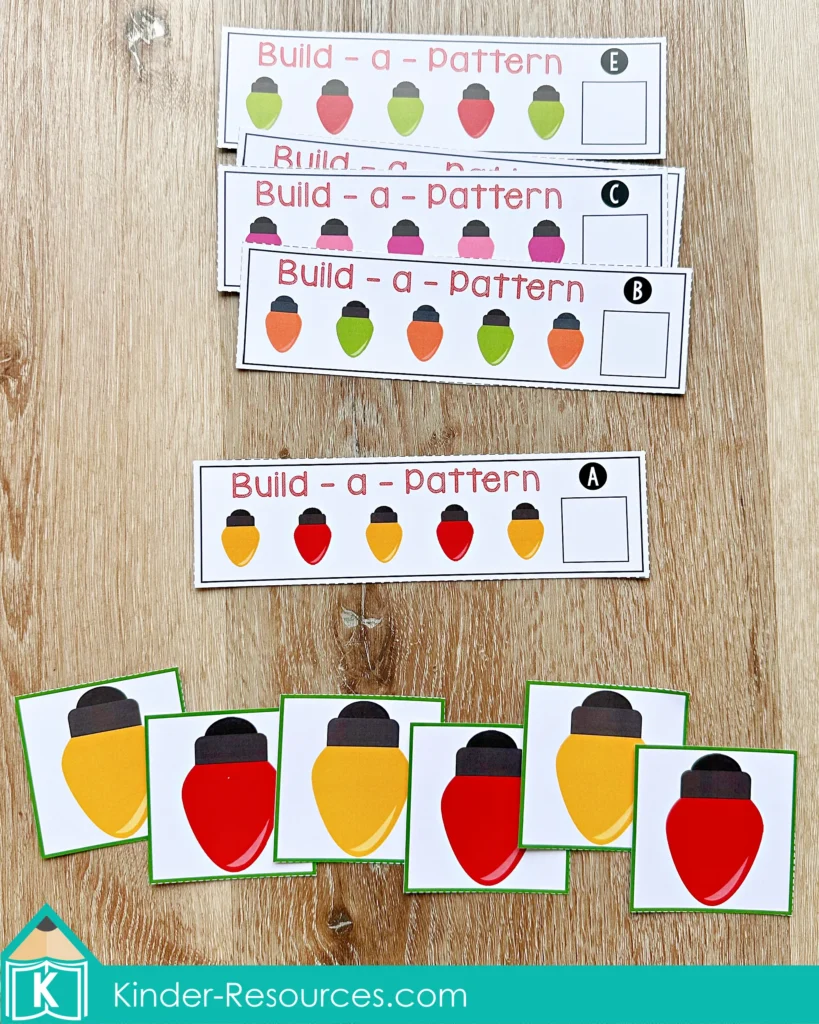 Christmas Math Centers for Kindergarten pattern activity with Christmas light cards for AB, ABB, AAB, and ABC pattern recognition and completion