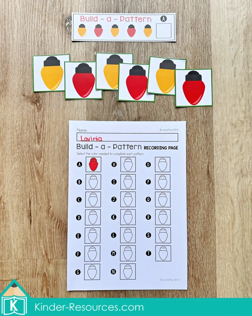 Christmas Math Centers for Kindergarten pattern activity with Christmas light cards for AB, ABB, AAB, and ABC pattern recognition and completion