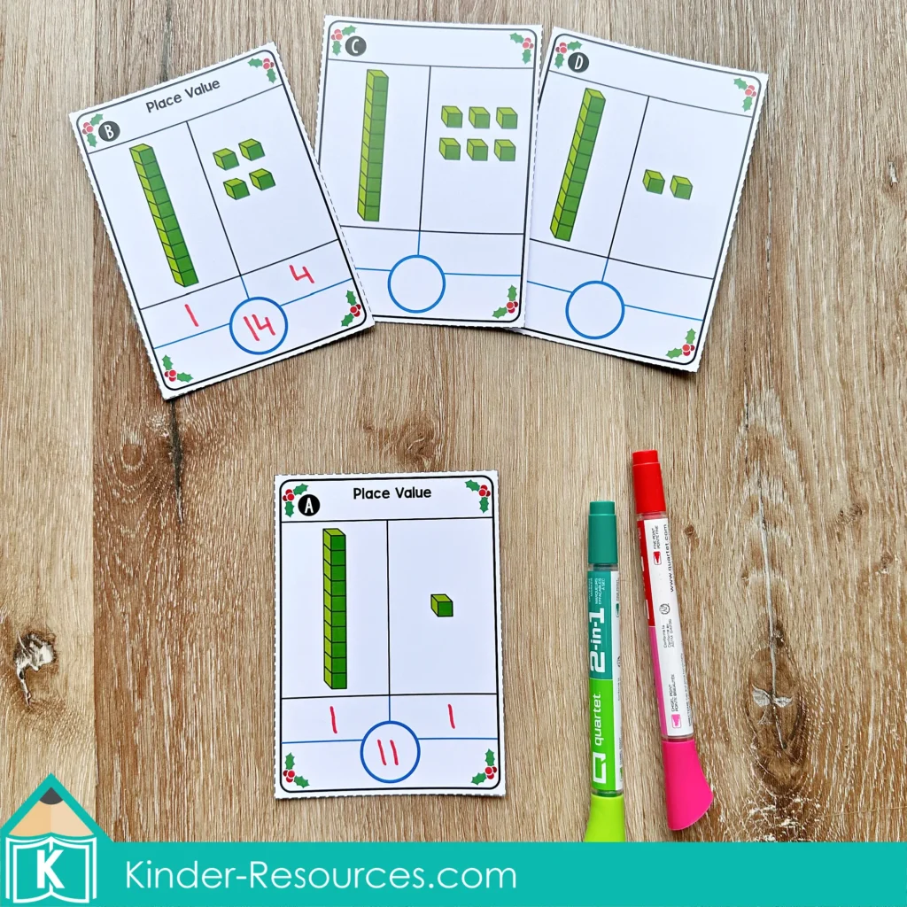 Christmas Math Centers for Kindergarten place value cards with tens and ones blocks
