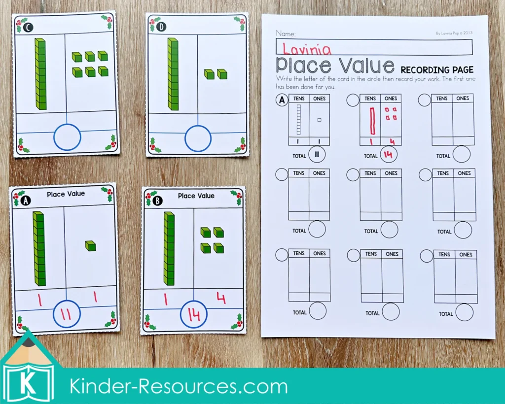 Christmas Math Centers for Kindergarten place value cards with tens and ones blocks and matching recording page for building early place value understanding