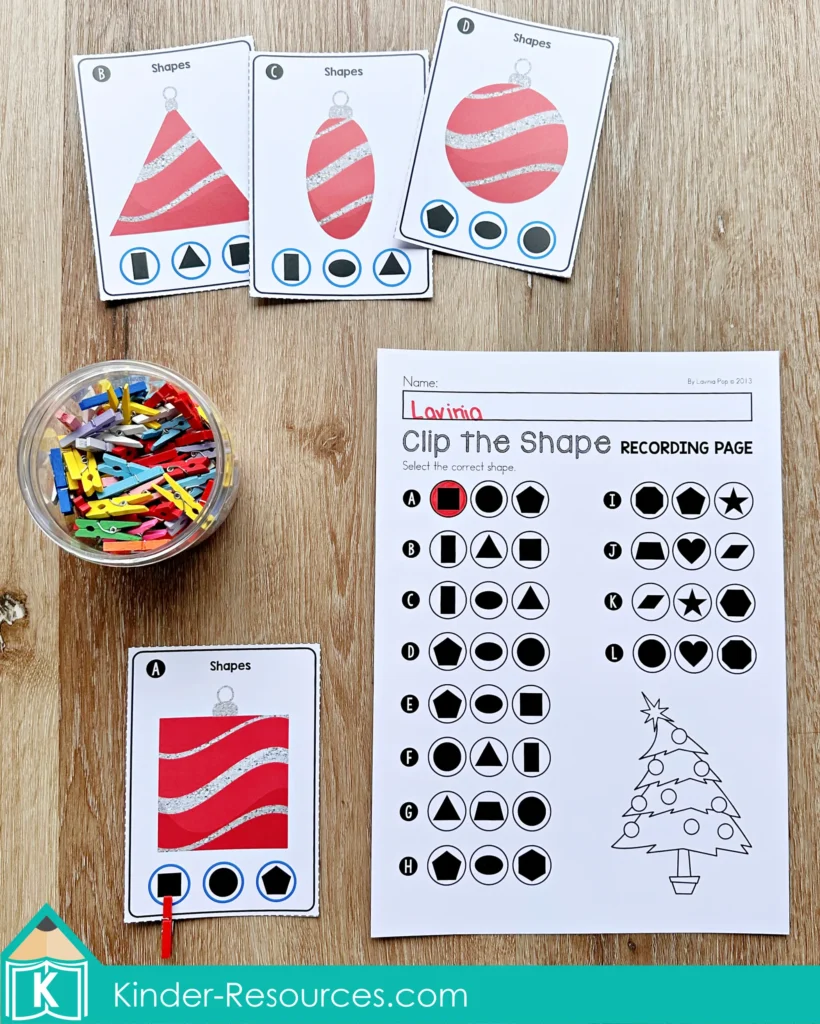 Christmas Math Centers for Kindergarten shape clip cards with ornament shapes and recording sheet for identifying and matching 2D shapes