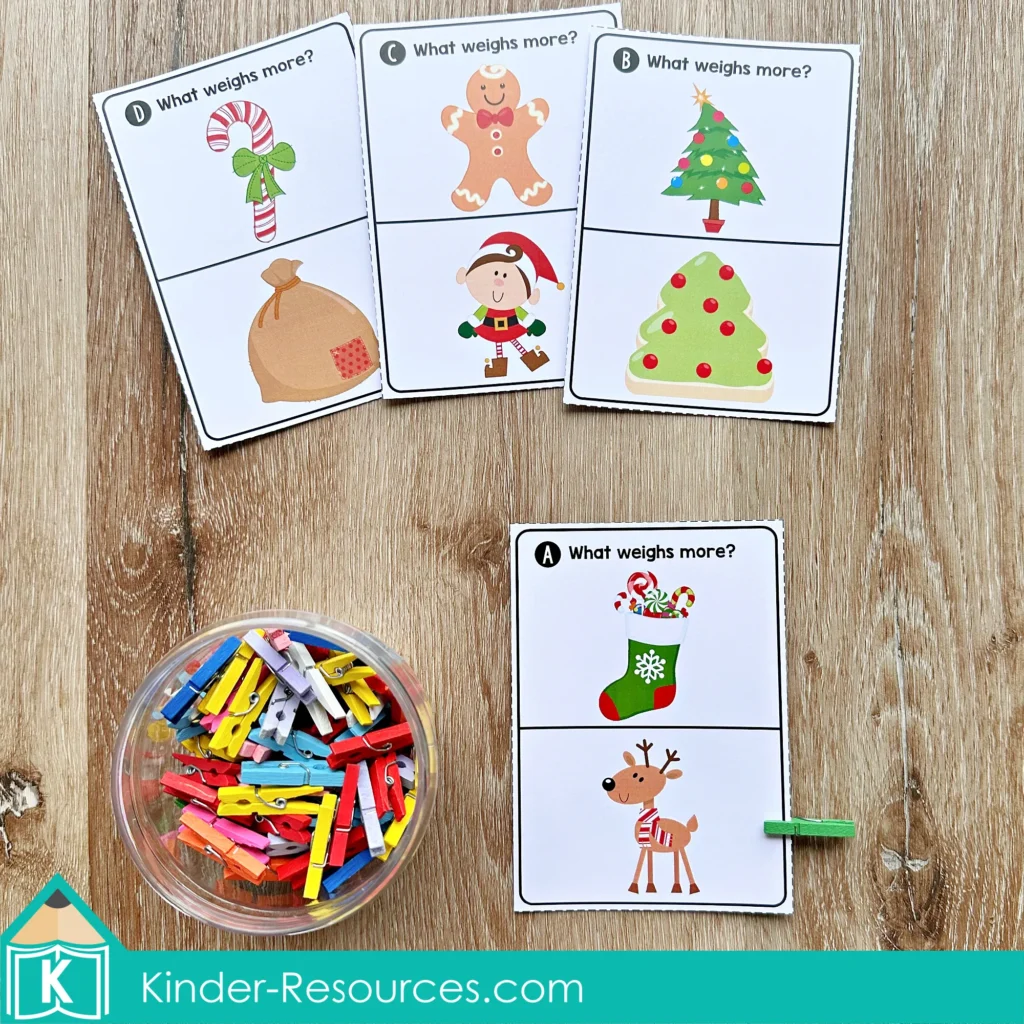 Christmas Math Centers for Kindergarten weight comparison cards with holiday objects