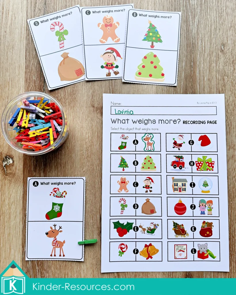 Christmas Math Centers for Kindergarten weight comparison cards with holiday objects and recording sheet for identifying which item weighs more