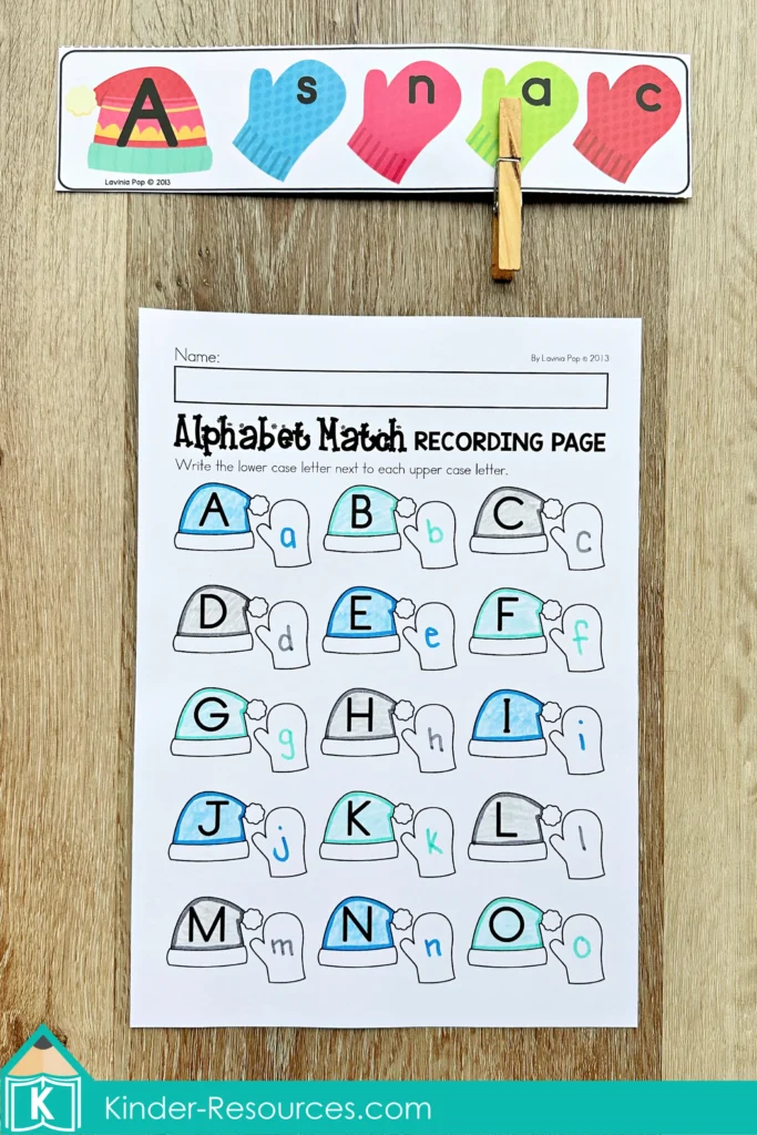 Winter Literacy Centers for Kindergarten alphabet match worksheet with uppercase and lowercase letters