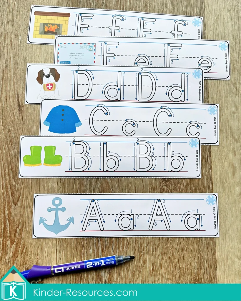 Winter Literacy Centers for Kindergarten alphabet tracing cards for letter formation practice