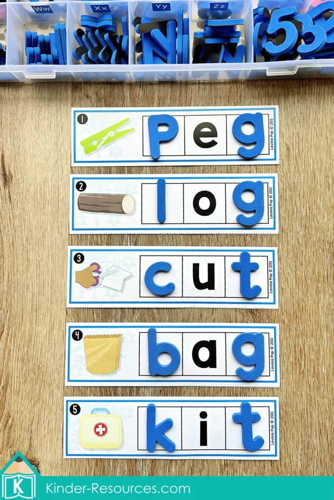 Winter Literacy Centers for Kindergarten CVC words activity using movable letters