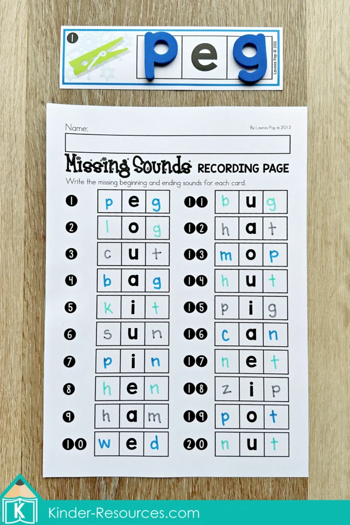 Winter Literacy Centers for Kindergarten CVC words worksheet for missing sounds