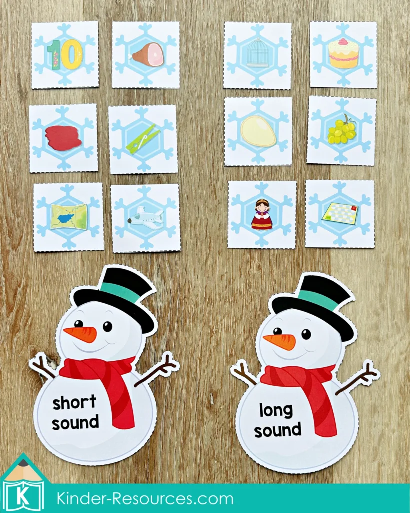 Winter Literacy Centers for Kindergarten short and long vowel picture sorting activity