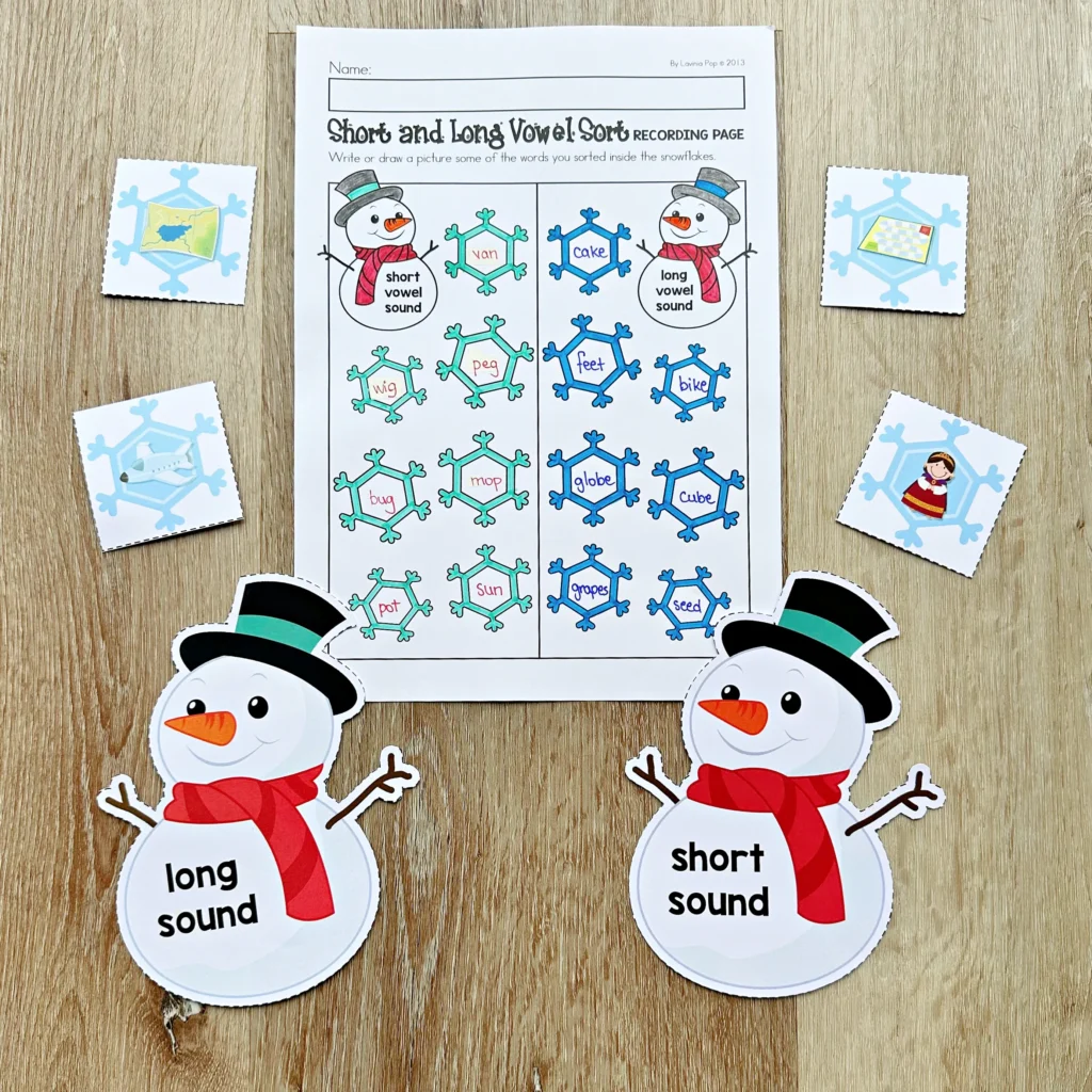 Winter Literacy Centers for Kindergarten short and long vowel recording page with winter themed words