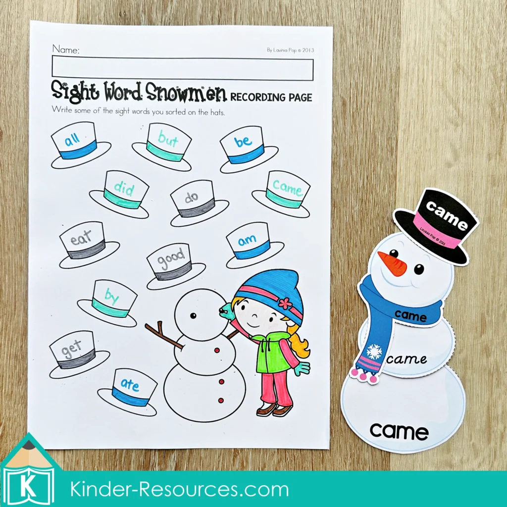 Winter Literacy Centers for Kindergarten sight word recording page using snowman themed activities