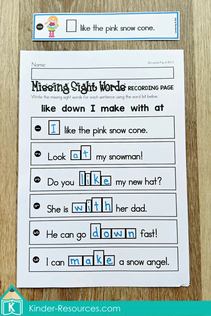 Winter Literacy Centers for Kindergarten sight word sentence worksheet for early readers
