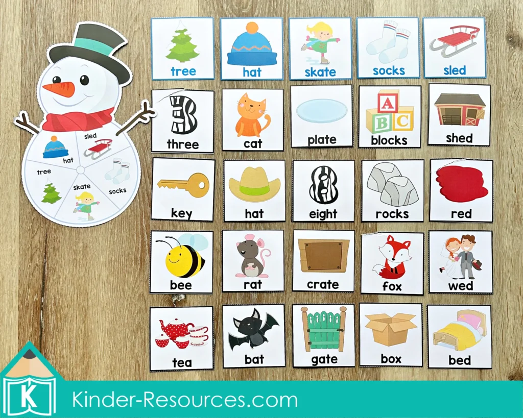 Winter Literacy Centers for Kindergarten rhyming words activity using picture cards