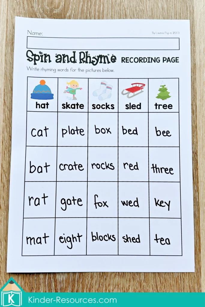 Winter Literacy Centers for Kindergarten rhyming words recording page with winter vocabulary