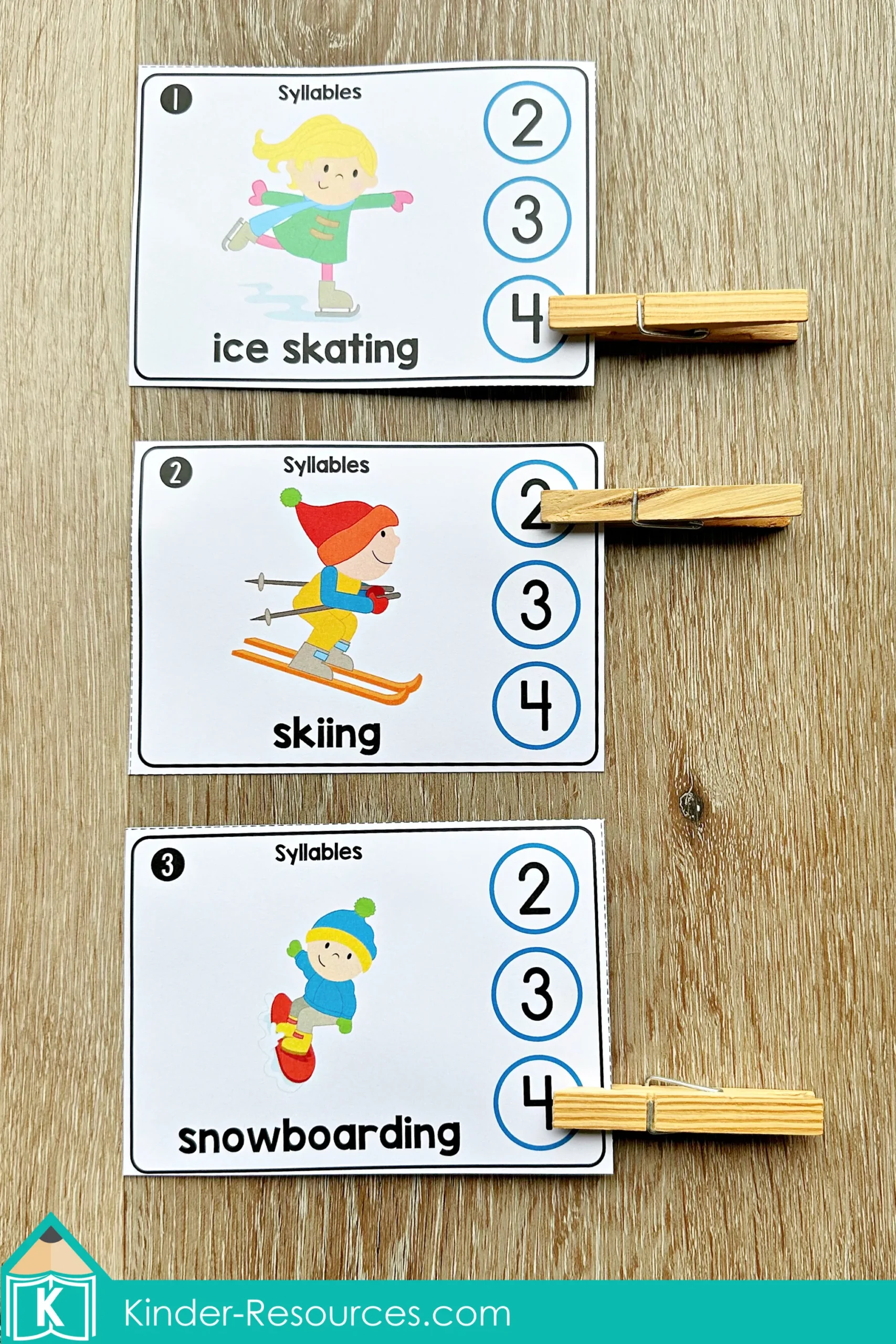 Winter Literacy Centers for Kindergarten syllable counting cards with winter vocabulary