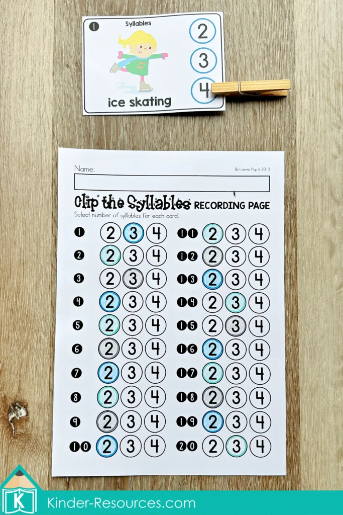 Winter Literacy Centers for Kindergarten syllable counting recording page