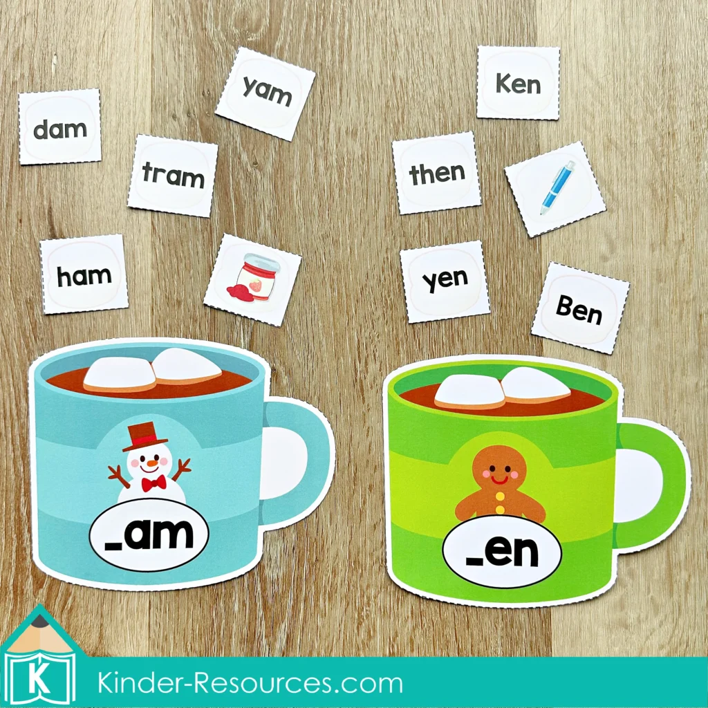 Winter Literacy Centers for Kindergarten word family sorting cards with CVC words